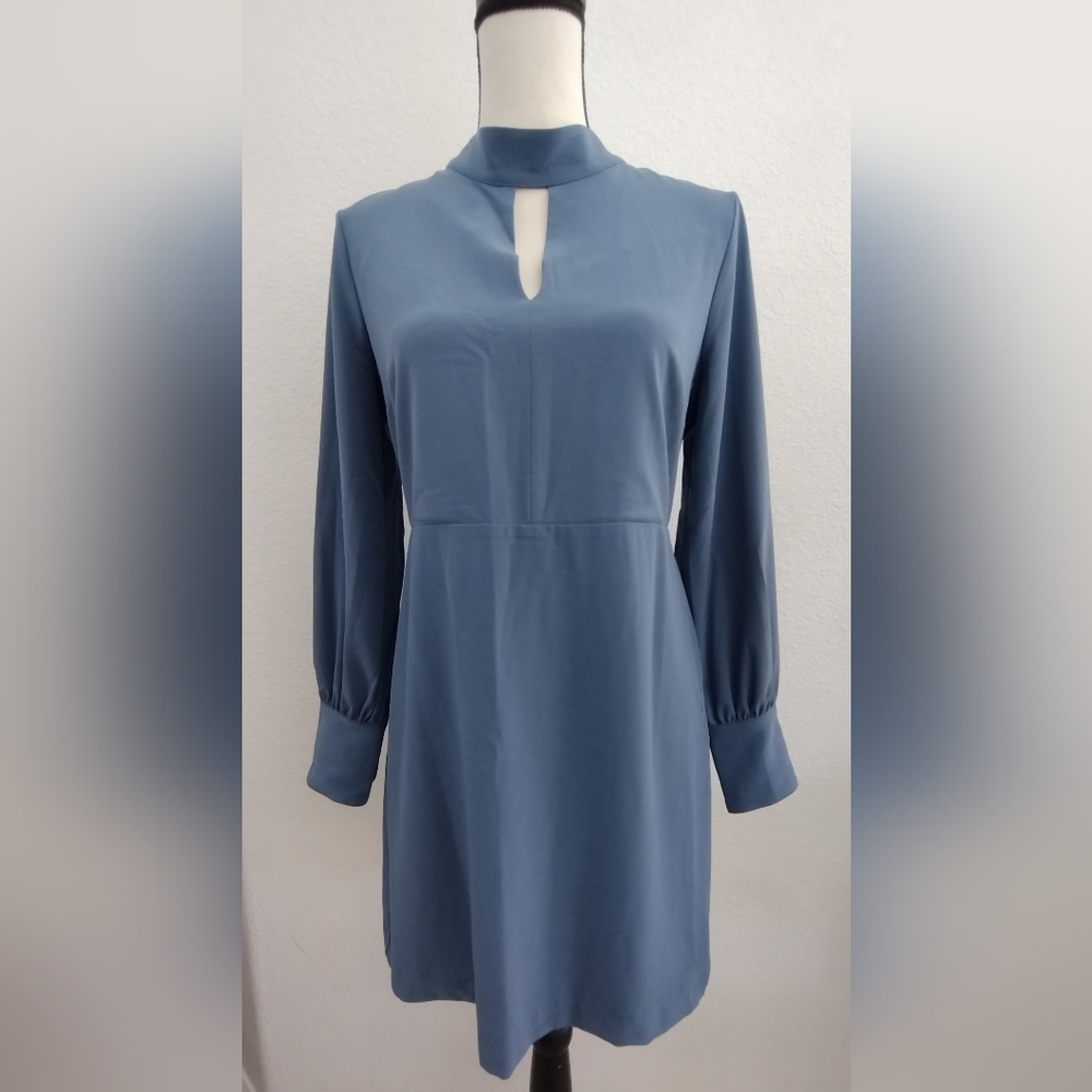 NEW BANANA REPUBLIC Blue High Neck Long Sleeve Short Dress Size 6P KEYHOLE NECK